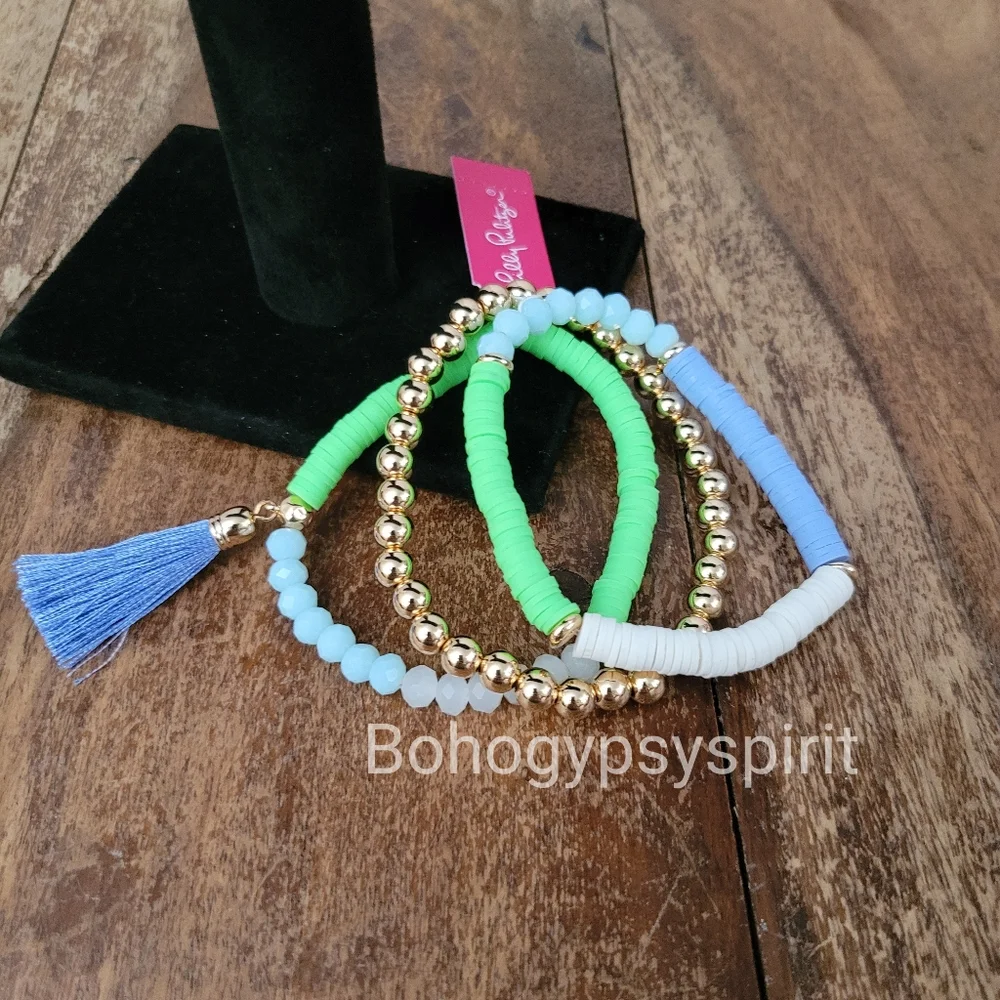 $58 Lilly Pulitzer Gold Tone Colorful Triple Strand Tassel Stretch Bracelet